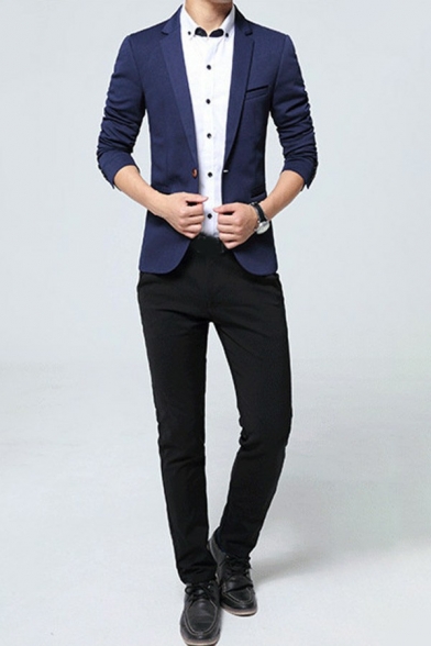 Edgy Men's Blazer Pure Color Pocket Single Button Lapel Collar Slim Fit Blazer