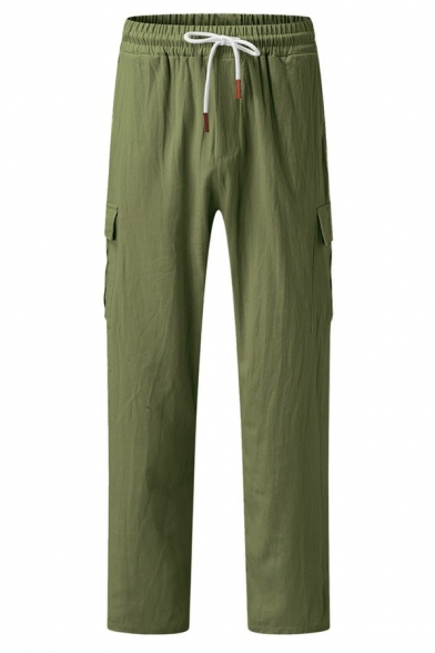 Elegant Guy's Cargo Pants Whole Colored Flap Pocket Mid Rise Loose Drawcord Cargo Pants