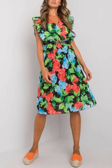 Fancy Womens Dress Floral Print V-Neck Sleeveless Ruffle Midi Pleated Dress(Not including Belted）