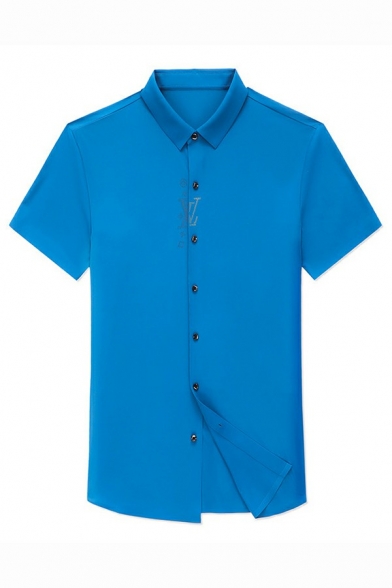 Fashion Guys Shirt Pure Color Turn-down Collar Short Sleeves Slimming Button Closure Shirt