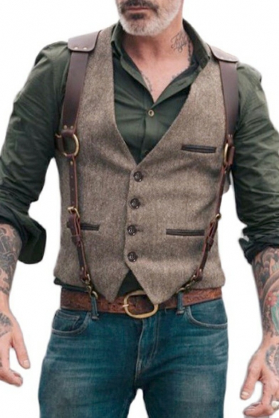 Guy's Creative Suit Vest Pure Color Pocket V Neck Sleeveless Slim Fit Button-up Suit Vest