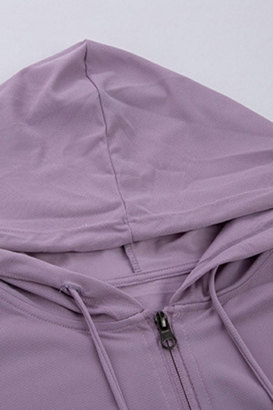 Leisure Ladies Jacket Plain Drawstring Zip Up Long Sleeve Curve Hem Hooded Gym Jacket