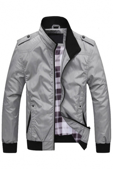Men Hot Jacket Pure Color Stand Collar Ribbed Hem Zip Closure Pocket Plaid Lined Jacket