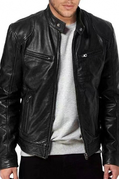 Men Simple Leather Jacket Plain Stand Collar Zip Closure Pocket Regular Leather Jacket