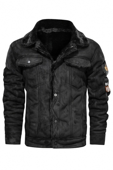 Mens Edgy Jacket Pure Color Pocket Notched Collar Slim Long Sleeve Leather Fur Jacket