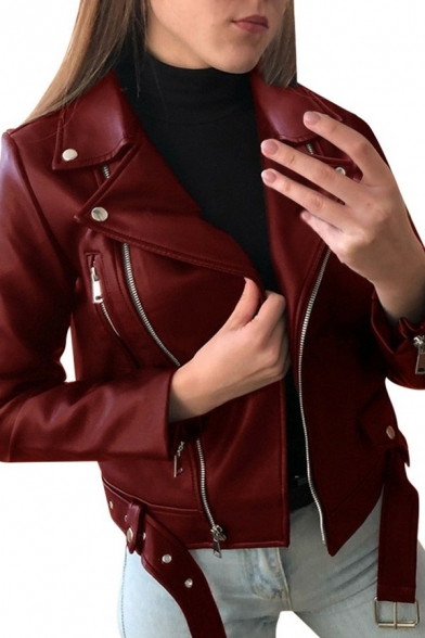 Modern Ladies PU Jacket Solid Color Notched Lapel Collar Zipper Closure Slim PU Jacket with Zipper