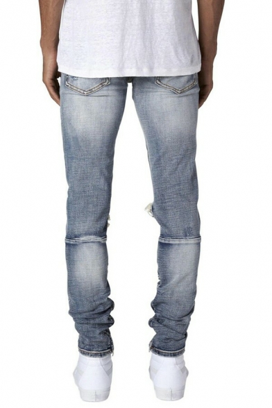 Modern Mens Jeans Medium Wash Zipper Placket Pocket Detail Distressed Design Slim Fitted Jeans
