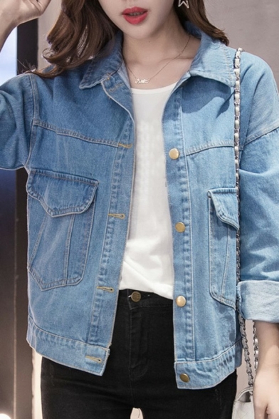 Popular Womens Denim Jacket Spread Collar Button Closure Loose Fit Denim Jacket