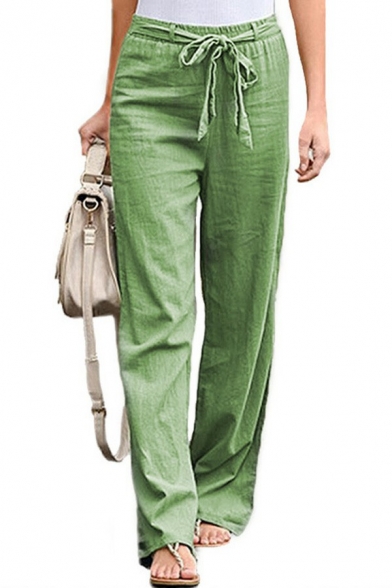 Simple Womens Plain Pants Cotton and Linen Elastic Waist Long Straight Wide Leg Pants with Belt