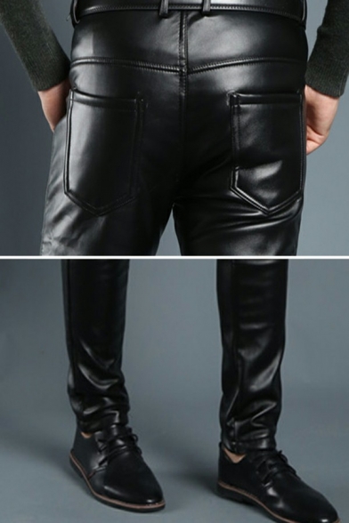 Soft Leather Pants Solid Pocket Slim Fit Long Length Zip Closure Leather Pants for Guys