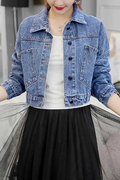 Stylish Ladies Jacket Plain Button Closure Lace-Up Back Spread Collar Regular Fit Crop Denim Jacket with Pockets