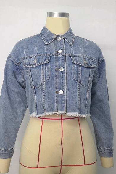 Stylish Womens Crop Denim Jacket Single Breasted Raw Hem Turn Down Collar Ripped Denim Jacket with Washing Effect