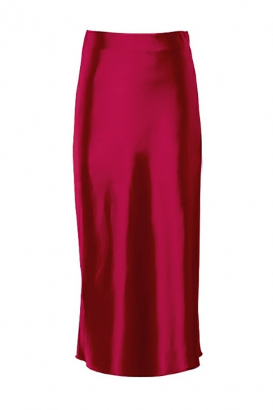 Trendy Womens Satin Skirt Pure Color High Rise A-Line Midi Skirt