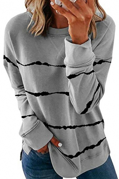 Trendy Womens Sweatshirt Round Neck Contrast Horizontal Stripe Print Loose Fit Pullover Sweatshirt