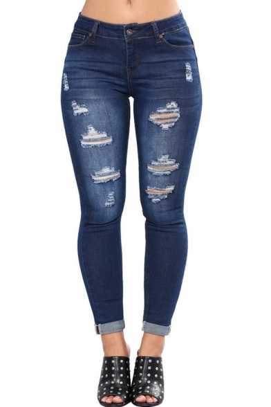 Urban Womens Jeans Midwash Blue Zip Fly Mid Waist Ripped Turn Up Skinny Denim Pants