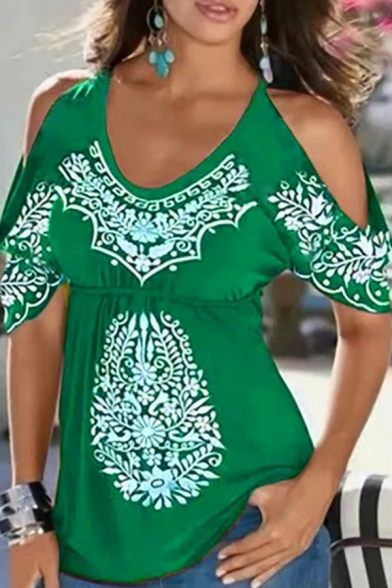 Vintage T-Shirt Floral Pattern Scoop Collar Short Sleeve Cold Shoulder T-Shirt for Girls