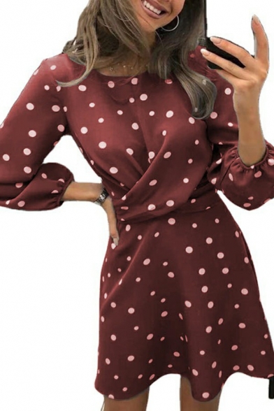 Vintage Womens Dress Draped Detail Round Collar Polka Dot Print Puff Sleeve Mini Dress