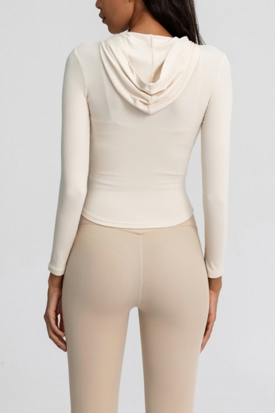 Womens Sportwear Jacket Pure Color Zipper Closure Skinny Fit Hooded Yoga Jacket