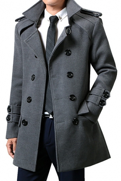 Basic Mens Coat Whole Colored Long Sleeve Lapel Collar Double Breasted Pea Coat for Men