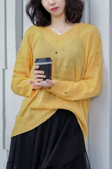 Basic Womens Knit Top Solid Color V Neck Long Sleeve Relaxed Fit Pullover Knit Top in Yellow