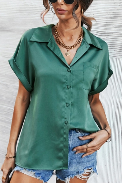 Chic Womens Satin Shirt Spread Collar Pure Color Button Up Regular Fit Short Sleeve Shirt