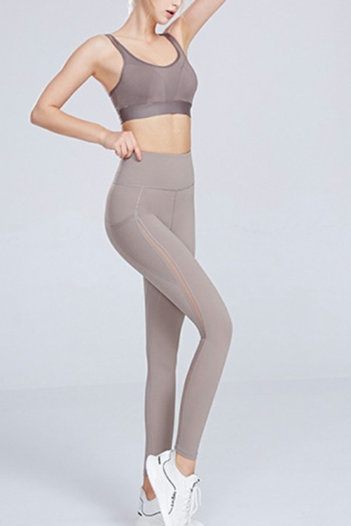 Creative Womens Fitness Leggings Solid Color Splicing Mesh High Waist Yoga Leggings with Pocket