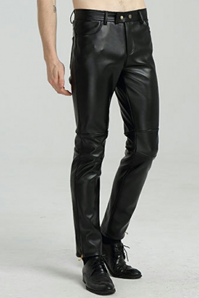 Fancy Mens Pants Button Placket PU Leather Pocket Detail Mid Rise Full Length Regular Fit Pants in Black