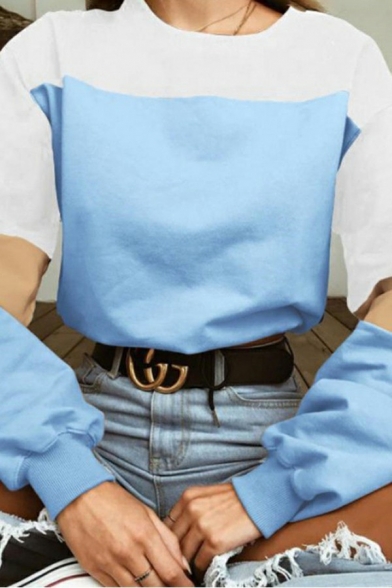 Leisure Pullover Sweatshirt Color Block Round Neck Drawstring Hem Long Sleeve Sweatshirt for Women