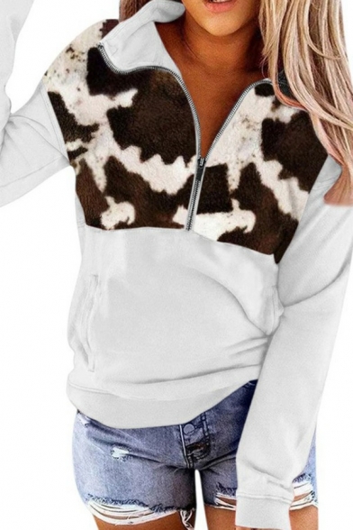 Leisure Womens Sweatshirt Cow Pattern Half Zip Collared Long Sleeve Sweatshirt