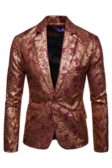 Men Urban Blazer Jacquard Pattern Slim Long Sleeve Lapel Collar Single Button Suit Blazer