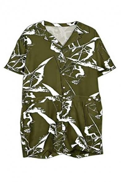 Mens Leisure Coveralls Crack Print Short Sleeve Spread Collar Button Closure Relaxed Fit Coveralls