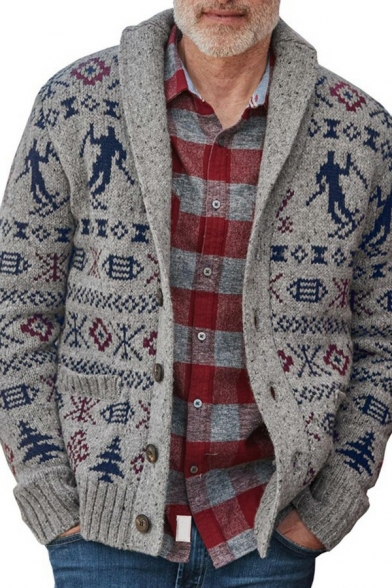 Modern Cardigan Tribal Printed Shawl Collar Button Front Front Pocket Cardigan for Men