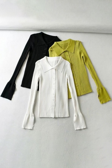 Modern Ladies Sweater Solid Lapel Collar Button Down Long Flared Sleeve Cardigan