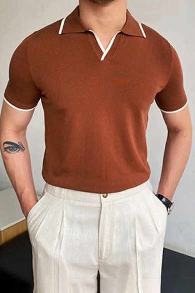 Modern Mens Polo Shirt Contrast Line Button Detail Spread Collar Regular Fit Polo Shirt in Red
