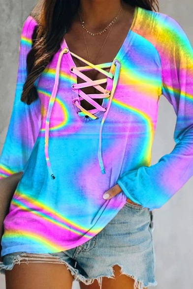 Novelty Girls Sweatshirt Tie Dye Printed Long Sleeve Regular V Neck Lace-up Sweatshirt