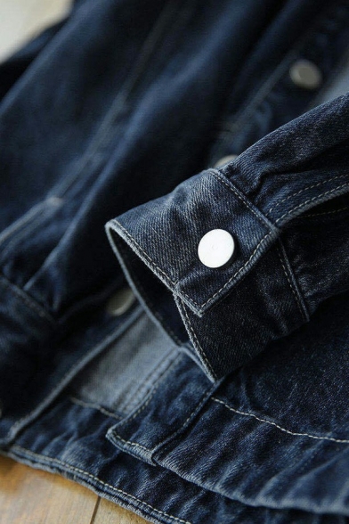 Retro Ladies Jacket Turn Down Collar Pockets Front Slim Fit Denim Jacket with Washing Effect