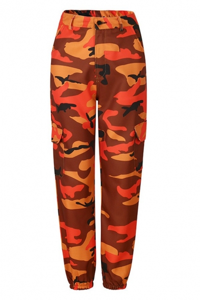 Retro Tapered Pants Zipper Up Camouflage Print High Waist Regular Fit Cargo Pants for Women