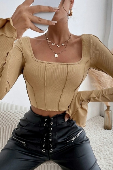 Sexy Womens Knit Top Square Neck Solid Color Ruffles Decorated Flare Sleeve Slim Fit Crop Knit Tee Top