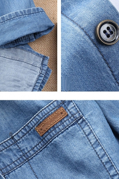 Simple Jacket Plain Button Closure Pocket Detail Wash Effect Turn-down Collar Denim Jacket for Men