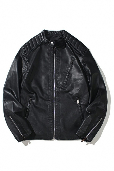 Simple Plain Mens Leather Jacket Collarless Pocket Detail Zip Closure Fitted Leather Jacket