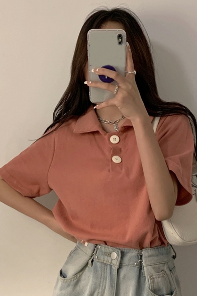 Simplicity Womens Polo Shirt Solid Color Spread Collar Half Sleeve Slim Polo Shirt