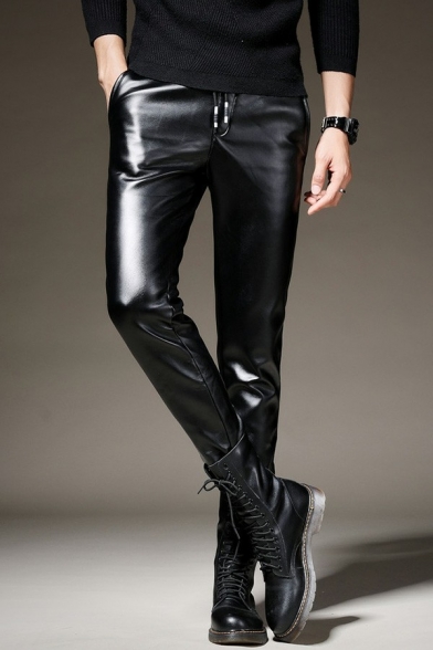 Smart Guys Leather Pants Plain Full Length Slimming Fleece Inner Pocket Leather Pants