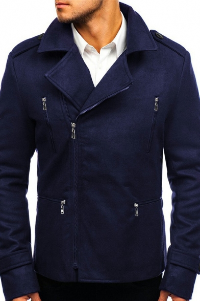 Street Style Coat Solid Lapel Collar Long Sleeves Slim Oblique Zipper Pea Coat for Boys