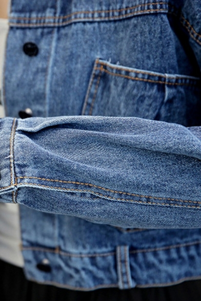 Stylish Ladies Jacket Plain Button Closure Lace-Up Back Spread Collar Regular Fit Crop Denim Jacket with Pockets