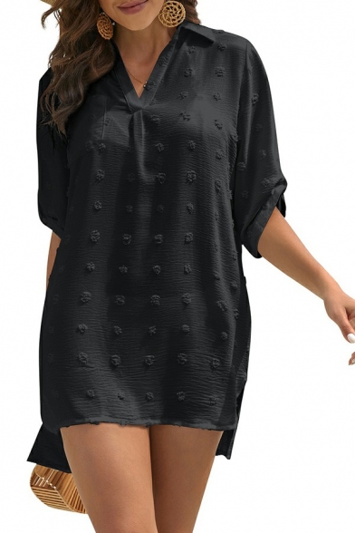 Stylish Womens Shirt V Neck Pure Color 3/4 Length Sleeve Loose Fit Blouses Shirt with Knit Dot