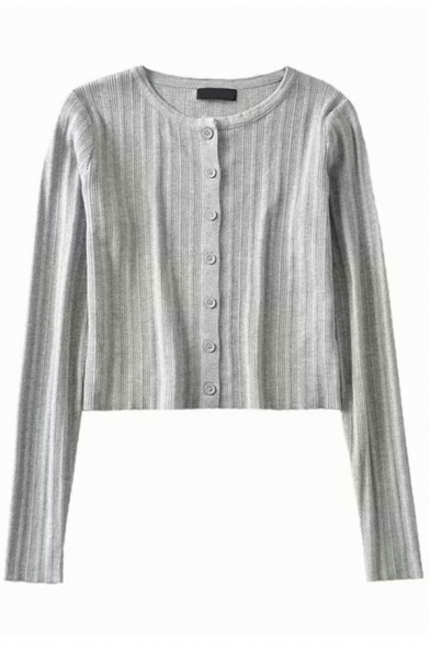Trendy Ladies Sweater Plain Button Down Round Neck Long Sleeve Cropped Cardigan