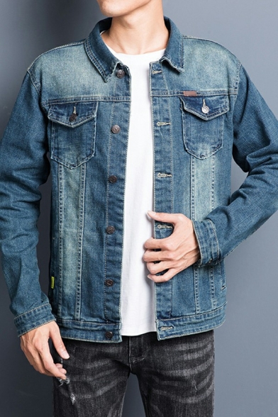 Trendy Men's Denim Jacket Washed Effect Button Closure Pocket Spread Collar Fitted Denim Jacket in Blue