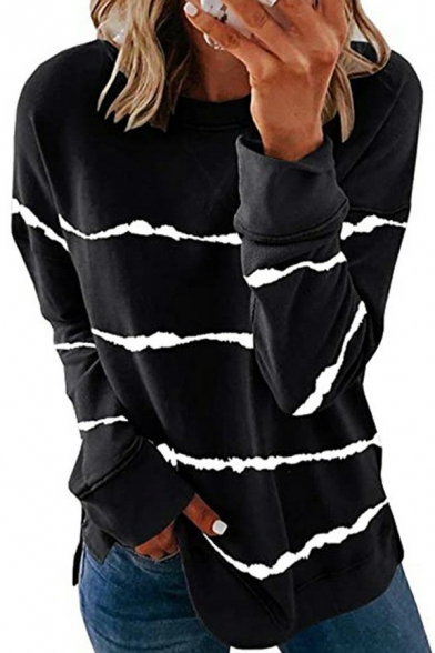 Trendy Womens Sweatshirt Round Neck Contrast Horizontal Stripe Print Loose Fit Pullover Sweatshirt
