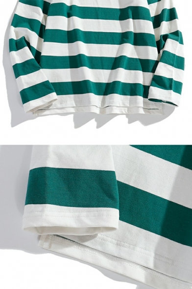Urban Mens Polo Shirt Stripe Print Turn-down Collar Long Sleeve Button Detail Loose Fit Polo Shirt