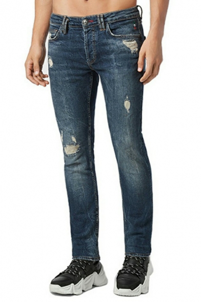 Vintage Mens Jeans Medium Wash Zipper Button Pocket Detail Distressed Design Slim Fitted Jeans